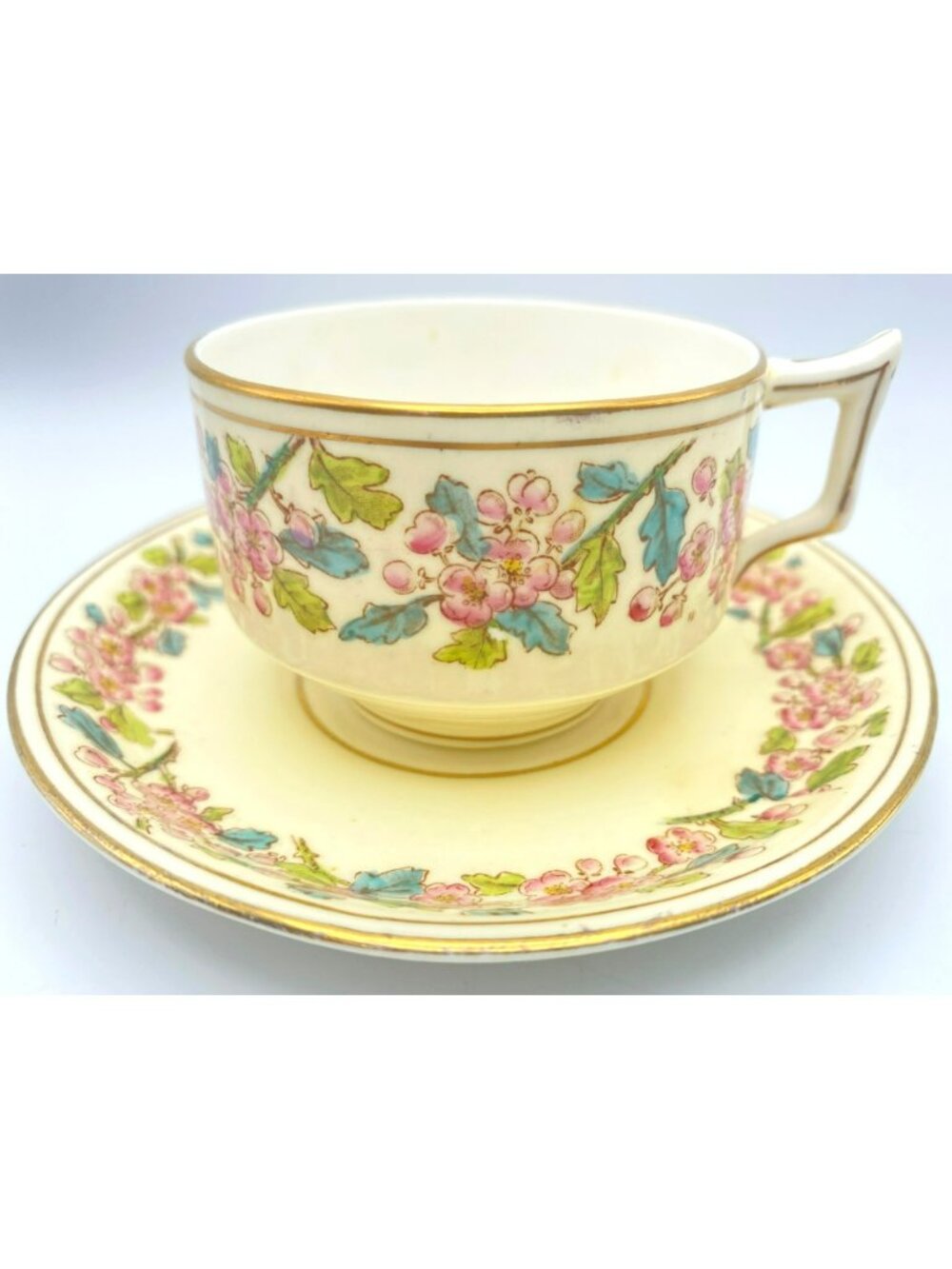 Vintage Crown Staffordshire Floral Apple Peach Blossoms Gold Tea Cup & Saucer